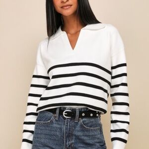Lulus Comfy Culture Ivory And Black Striped Collared Sweater Top White